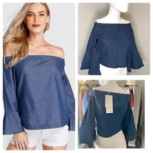 NWT Off Shoulder Denim Flutter sleeve Crop Top Small/Medium